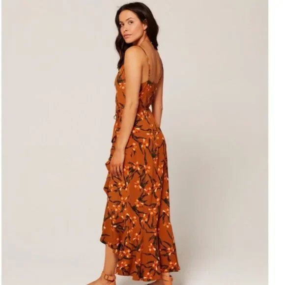 L*SPACE Wendy Floral Wrap Maxi Cover up DRESS Size XS Love Song Orange NEW $158 - Picture 3 of 12